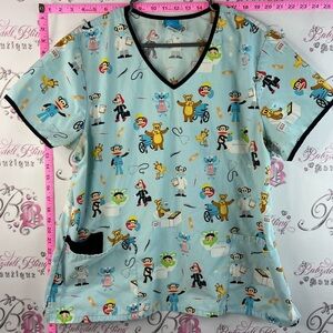 Paul Frank T-shirt Light Blue Short Sleeve VNeck Medical Scrub Top Cartoon Print